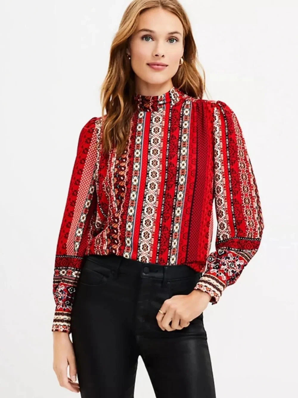 LOFT Red Multi-Pattern Long Sleeve Mock Neck Blouse